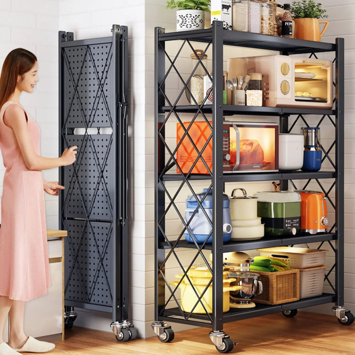 Foldable Metal Kitchen Storage Rack, Countertop Tableware Organizer Shelf for Kitchen Cabinets and Pantry